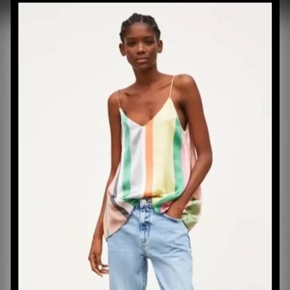 ZARA Multicolor Striped Spaghetti Strap Satin Top | SZ M - Picture 1 of 11